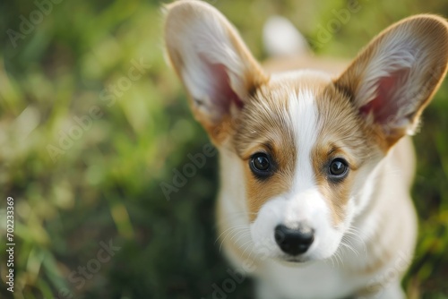 Captivating corgi puppy fixates on something intriguing in the grass, showcasing its curious nature and endearing snout