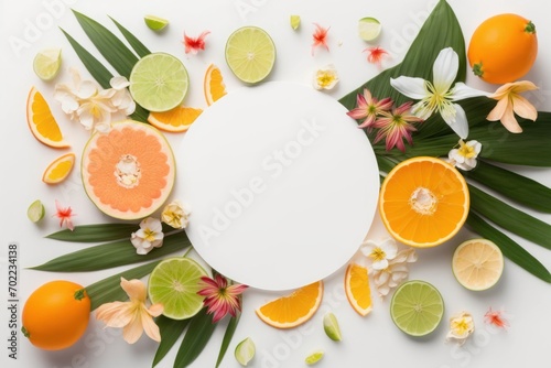 The perfect summer combination. Top view flat lay of alstroemeria flowers with sliced oranges  grapefruit  lime  and lemon on a white background with an empty circle for text or ad  Generative AI