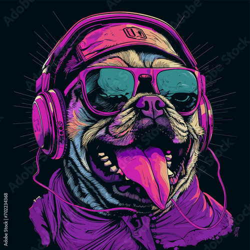portrait of Playful Pug Illustration, vibrant and playful illustration  a pug dog wearing red oversized sunglasses 