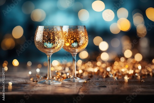 glasses of sparkling white wine with a festive golden bokeh background  suggesting a celebration or festive occasion.