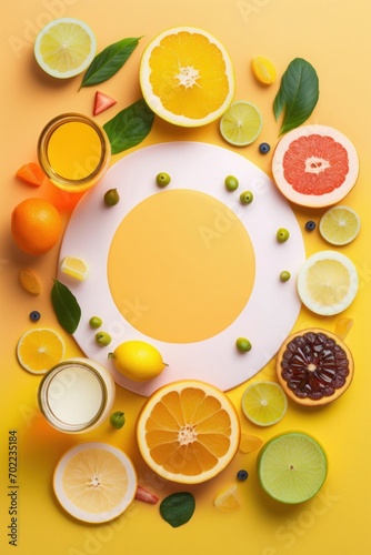 Enjoy a refreshing taste of summer with this trendy top view flat lay of citrus juices and cocktails featuring orange, lemon, lime, grapefruit on a stylish yellow backdrop with circle, Generative AI