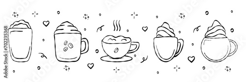 Hand drawn set of different types coffee beverage. Doodle vector illustrations isolated on white background. Espresso, americano, cappuccino, latte.