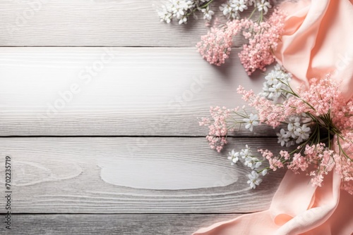 Hello spring concept. Top view photo of pink soft plaid and gypsophila flowers on grey wooden table background with copyspace, Generative AI photo