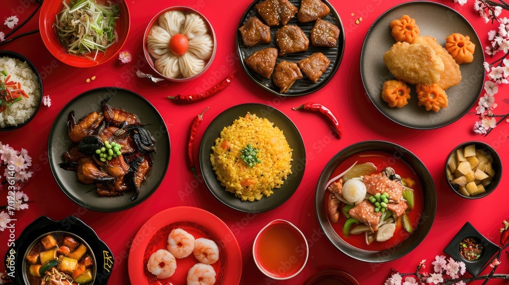 Chinese festive table Asian food flat lay view. Lunar new years. Chinese New Year. Asian festive food Chinese festive table Asian food flat lay view. Lunar new years. Chinese New Year. Asian festive food