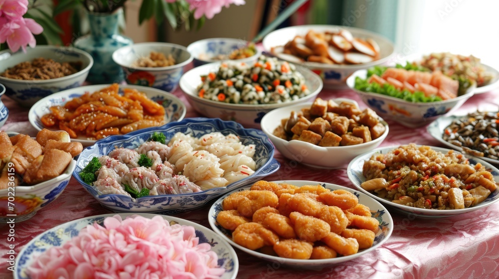 Chinese festive table Asian food flat lay view. Lunar new years. Chinese New Year. Asian festive food