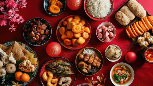 Chinese festive table Asian food flat lay view. Lunar new years. Chinese New Year. Asian festive food