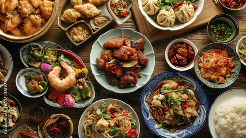 Chinese festive table Asian food flat lay view. Lunar new years. Chinese New Year. Asian festive food