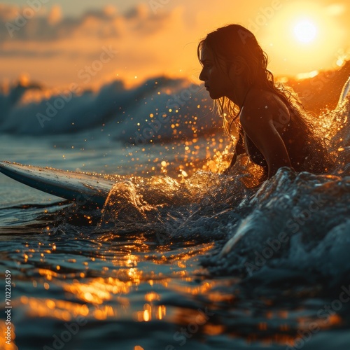 A girl on a paddle board against the backdrop of the sea or ocean meditates while in the water. Concept: sports and outdoor recreation © Kostya