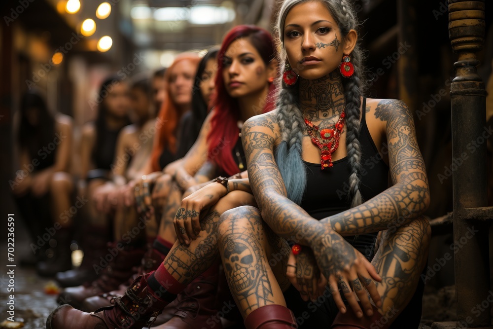 Obraz premium Girls with Latin American tattoos on their faces and bodies. Patterns and painting on the body, Concept: female gangs, aggressive and tough people