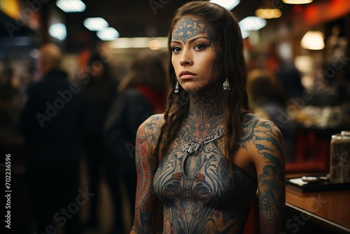 Girls with Latin American tattoos on their faces and bodies. Patterns and painting on the body, Concept: female gangs, aggressive and tough people © Kostya