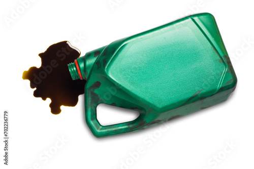 old engine oil bottle old black lubricant Spilled used car engine on white background