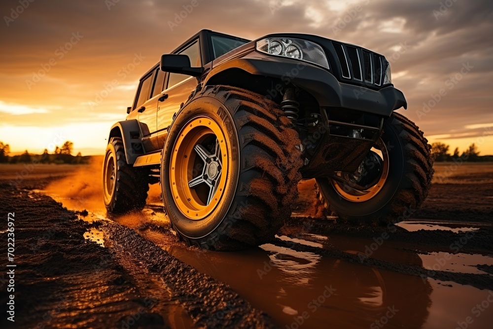 Close-up of a large tractor with huge wheels ready for work in an agricultural field during the evening Close-up of a large tractor with huge wheels ready for work in an agricultural field during the evening