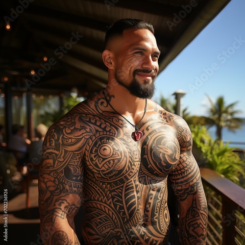 Polynesian style tattoo on a muscular and athletic man's body. Patterns and drawings on the body in the tribe, painting on the skin