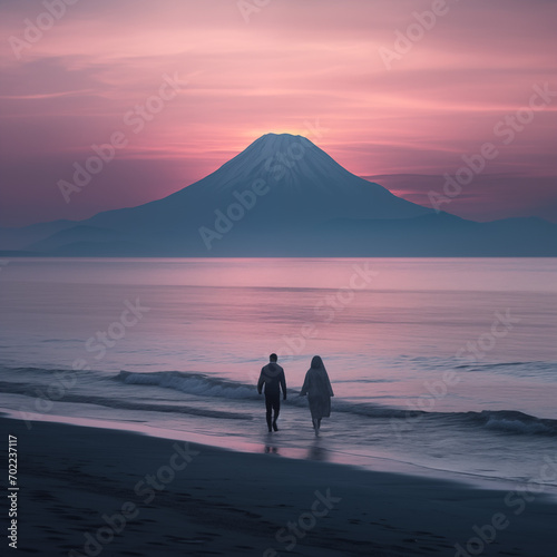 A man and a woman in Kamchatka, near a volcano and the sea