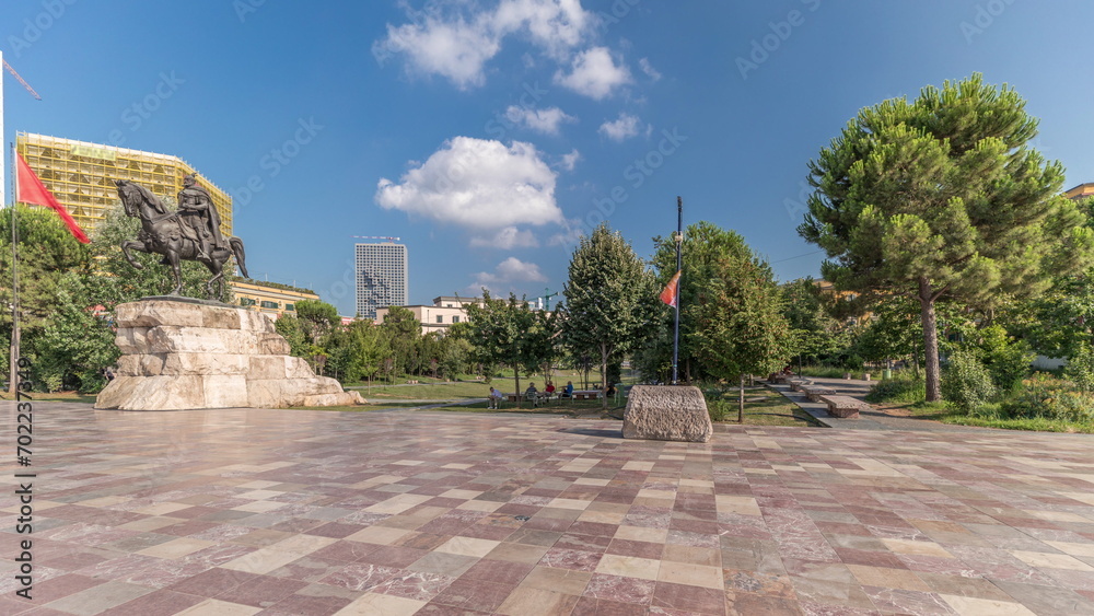 Panorama showing the Skanderbeg memorial and Ethem Bey mosque on the main square in Tirana timelapse, Albania