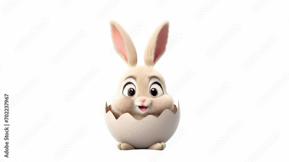 A funny cartoon easter bunny sitting in a cracked egg shell and saying something on a white background. Easter celebration concept. High quality 4k footage