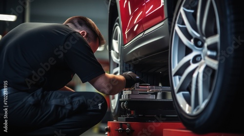 A mechanic is carrying out an inspection for car repairs at an automotive repair shop.