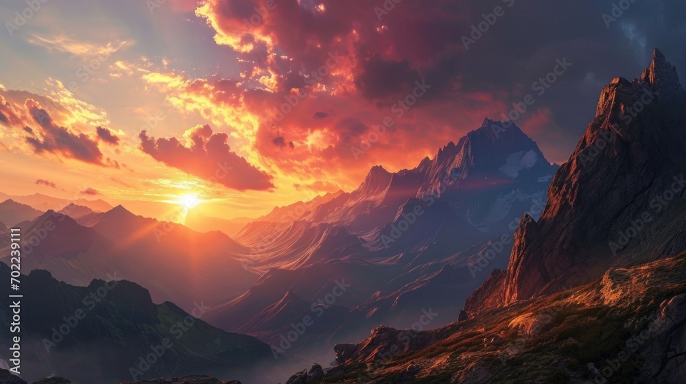 A Painting of a Sunset Over a Mountain Range