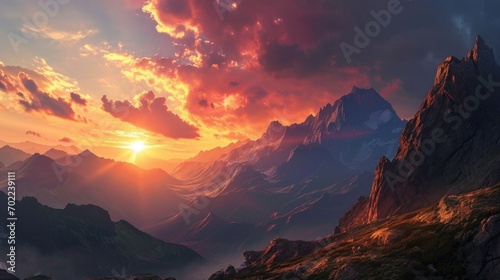 A Painting of a Sunset Over a Mountain Range