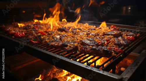 Intense flames rise from a charcoal grill ready for a barbecue