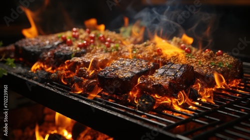 Intense flames rise from a charcoal grill ready for a barbecue photo