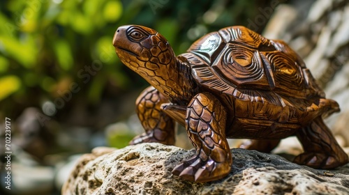 Wooden Turtle Sculpture Perched on a Natural Rock