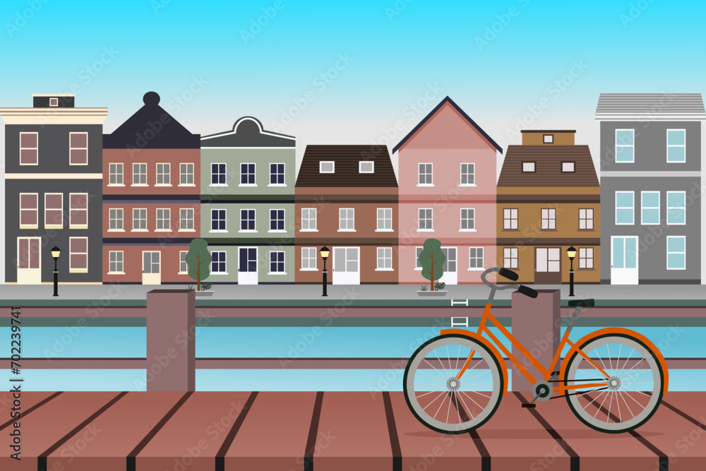 Amsterdam cityscape with ancient houses, water canals, bridge, and bicycles. Vector illustration.
