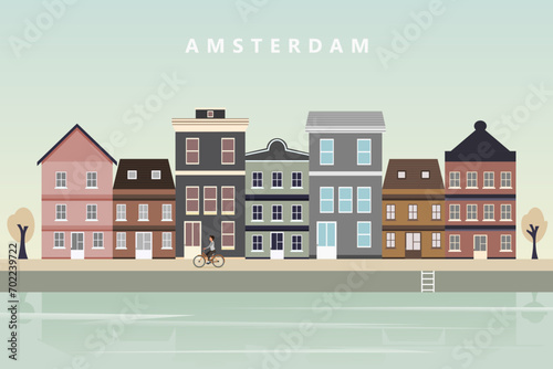 Amsterdam cityscape with ancient houses, water canals, and bicycles. Vector illustration.
