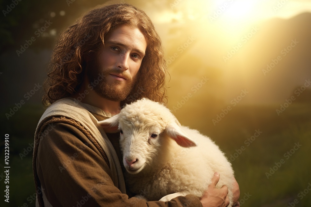 A tranquil hilltop scene with the Lamb of God beside a caring shepherd at dawn, symbolizing spiritual guidance, serenity, and divine protection. A tranquil hilltop scene with the Lamb of God beside a caring shepherd at dawn, symbolizing spiritual guidance, serenity, and divine protection.