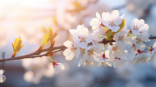 White cherry blossoms illuminated by sunlight, with young leaves signaling the rejuvenating spirit of early spring. photo