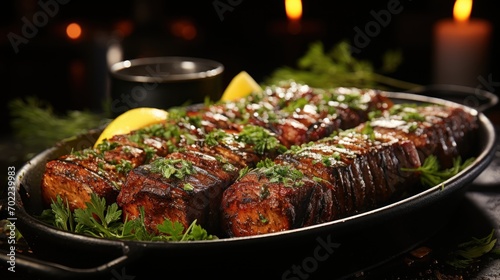 Succulent grilled kebabs served on a slate with fresh herbs and spices