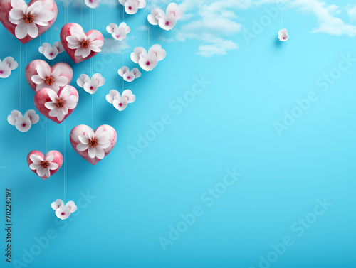 Pink heart-shaped decorations and white flowers suspended against a sky-blue backdrop.