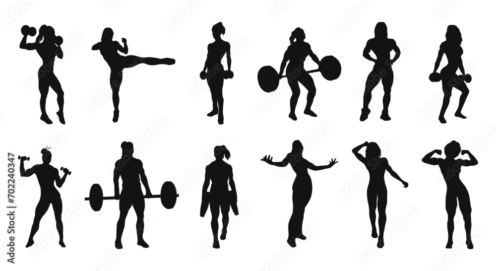 Silhouette of strong woman in different pose set.