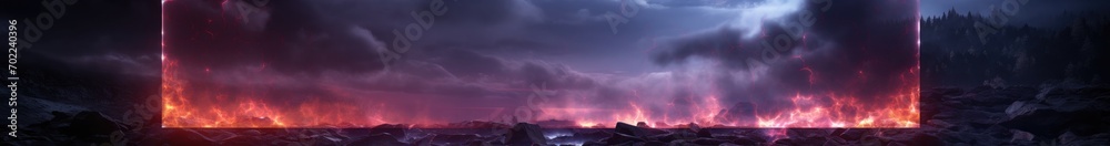 Futuristic banner with neon light frame on water surface and smoke clouds with sparkles. Glowing rectangle frame in fog on black background, vector realistic illustration Futuristic banner with neon light frame on water surface and smoke clouds with sparkles. Glowing rectangle frame in fog on black background, vector realistic illustration