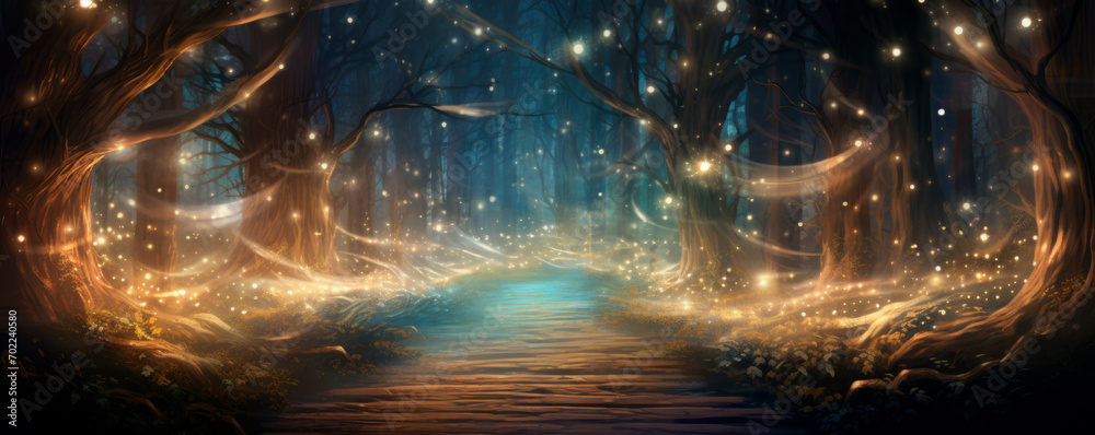 A mystical magical scene with a tree lit by fiery neon light with a ...