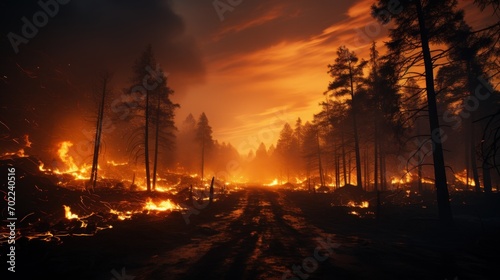 Ominous spread of a wildfire casts a fiery glow against the twilight sky  a stark reminder of nature s fury.