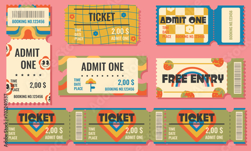 Funny movie cinema tickets. Admit one coupon vector templates in a retro groove style.Paper ticket stubs, cinema festival event admission and entrance pass set with flowers,hearts and rainbow.Vector