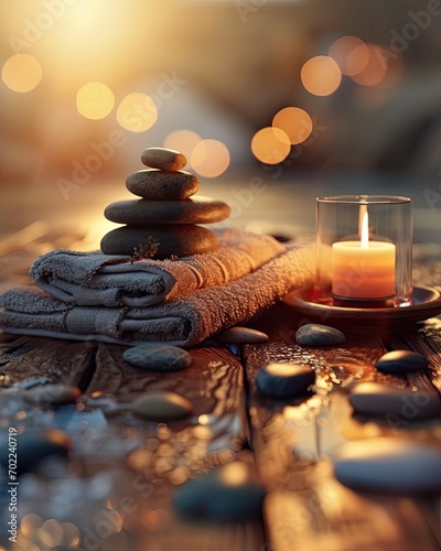 A towel, a candle, and soft stones on a wooden table