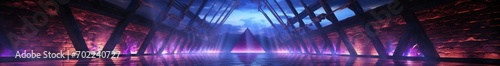 Modern Abstract Sci Fi Futuristic Stage Construction With Neon Glowing Purple And Blue Triangle Lights On Concrete Wet Floor Empty Wallpaper 3D Rendering Illustration