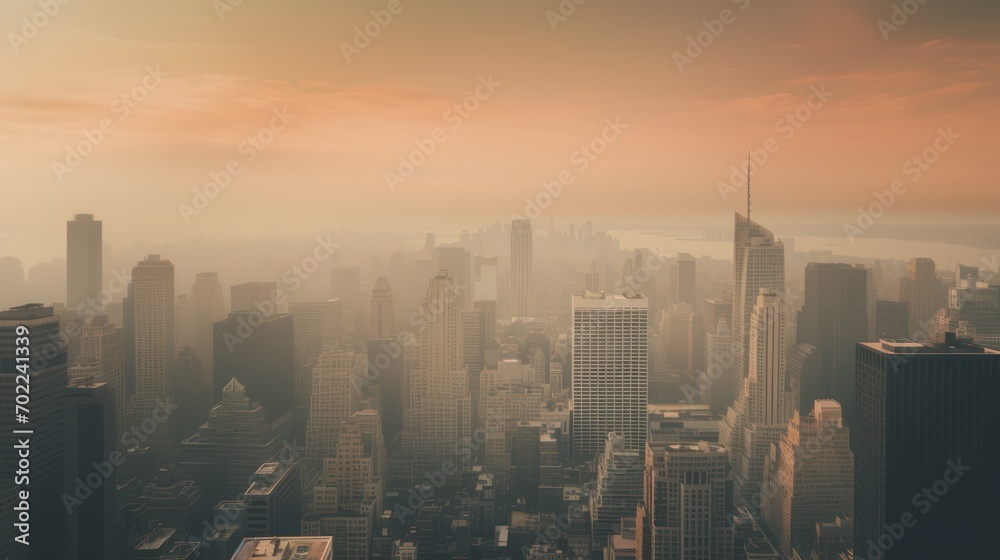 Fog Air pollution in the middle of urban skyscrapers, Global warming problem theme photo background.
