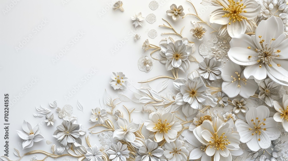 White background with silver and gold flowers White background with silver and gold flowers