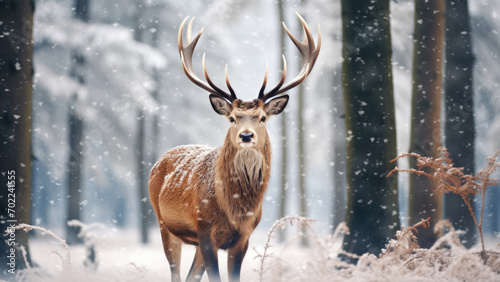 Winter Majesty Stag: Beautiful Deer in the Snowfall © Stoksi