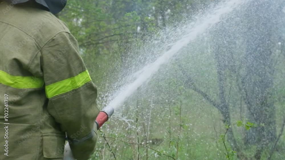 A firefighter puts out a fire in the forest A firefighter puts out a fire in the forest