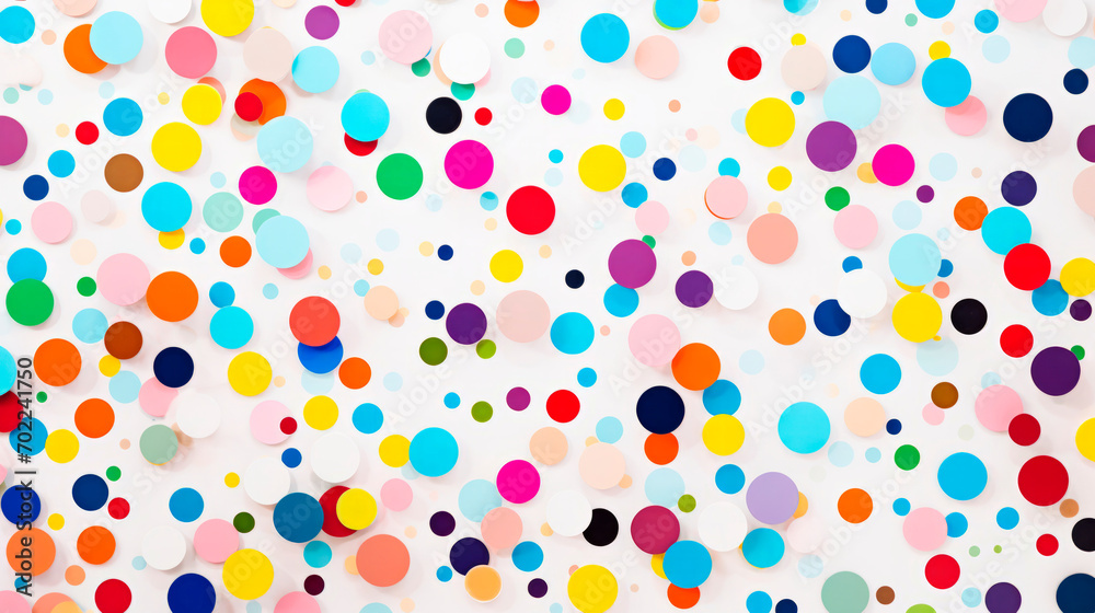 A bright pattern of multicolored dots on a white background, a playful and joyful pattern. the size and colors of the dots give the impression of festive confetti or balloons taking off into the sky.