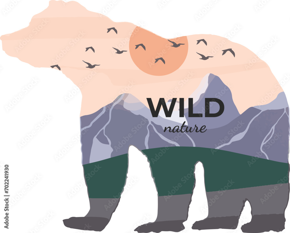 Vector drawing wild nature silhouettes of a bear. Template for sticker, print for clothes. Vector file, design element. Vector drawing wild nature silhouettes of a bear. Template for sticker, print for clothes. Vector file, design element.