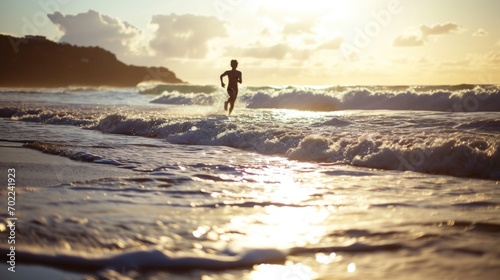 A Man Running Into the Ocean at Sunset