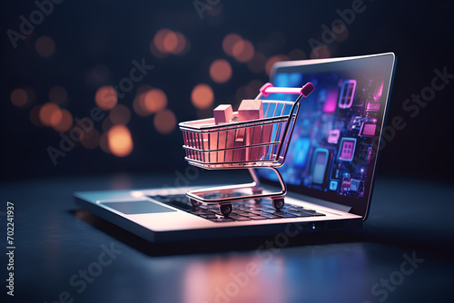 Online shopping concept with miniature shopping cart standing in front of laptop, Generative AI Illustration photo