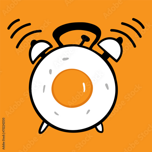 alarm clock outline and Fried egg, breakfast vector illustration. Concept for breakfast menu, cafe, restaurant. Logo design template. Food background. Cartoon doodle style