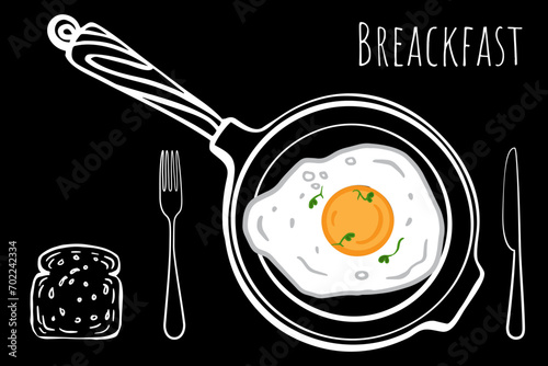 Scrambled egg in a frying pan with bread, knife, fork. Fried egg,  frying pan, toast. Vector hand drawn doodle illustration on black background. chalkboard effect for menu cafe, restaurant, poster