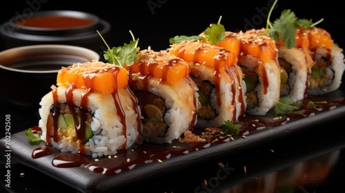 Crispy tempura sushi rolls served with a side of soy sauce.